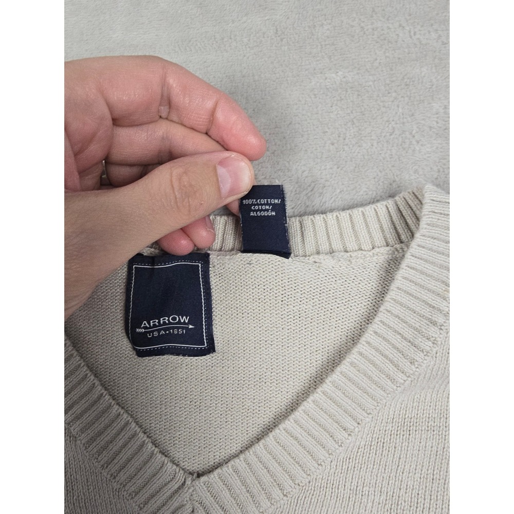 Arrow Sweater Men XXL Beige V-Neck Fair Isle Pattern Cotton Knit Pullover - Picture 4 of 8